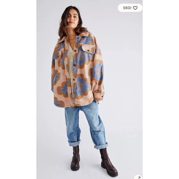 Free People Jackets & Blazers - Free People Printed Jacquard Ruby Fleece Jacket Sz L NWT Oversized Boho Shacket